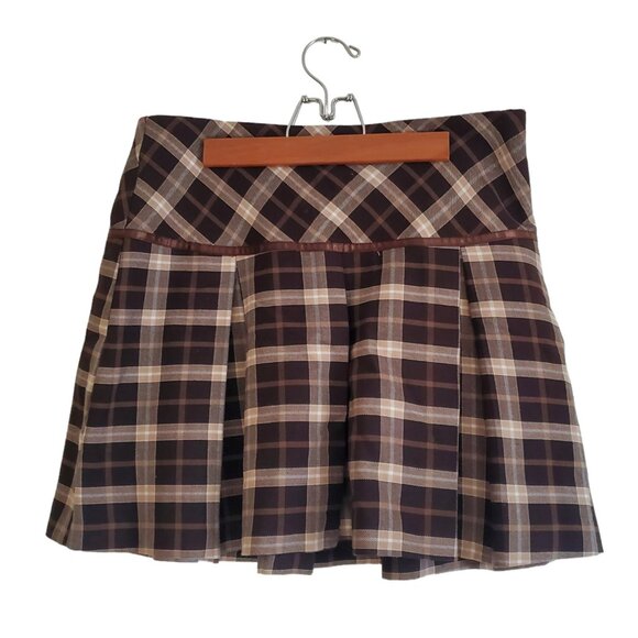 Vintage Dresses & Skirts - VINTAGE | Y2K 2000s Brown Cream Plaid Pleated Skirt (Size 8)